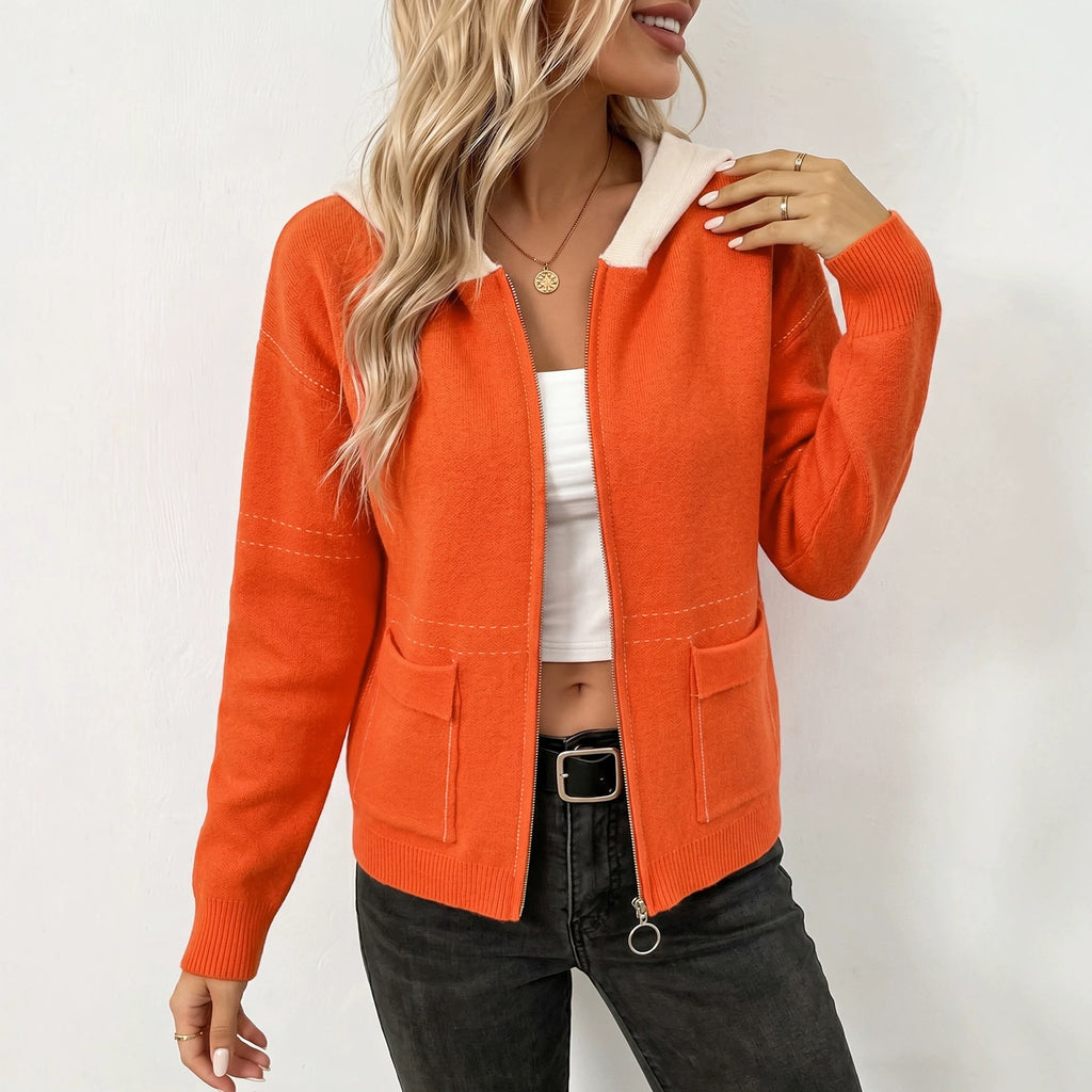 Zip-Up Hooded Knit Cardigan - Cozy and Casual