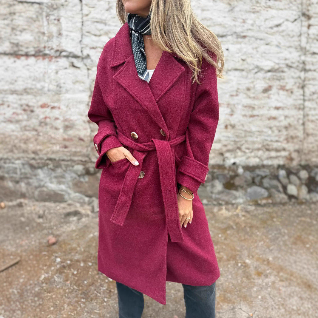 Women’s Autumn Winter Lace-Up Cardigan Coat – Casual Long Sleeve Lapel Wool Blend with Pockets