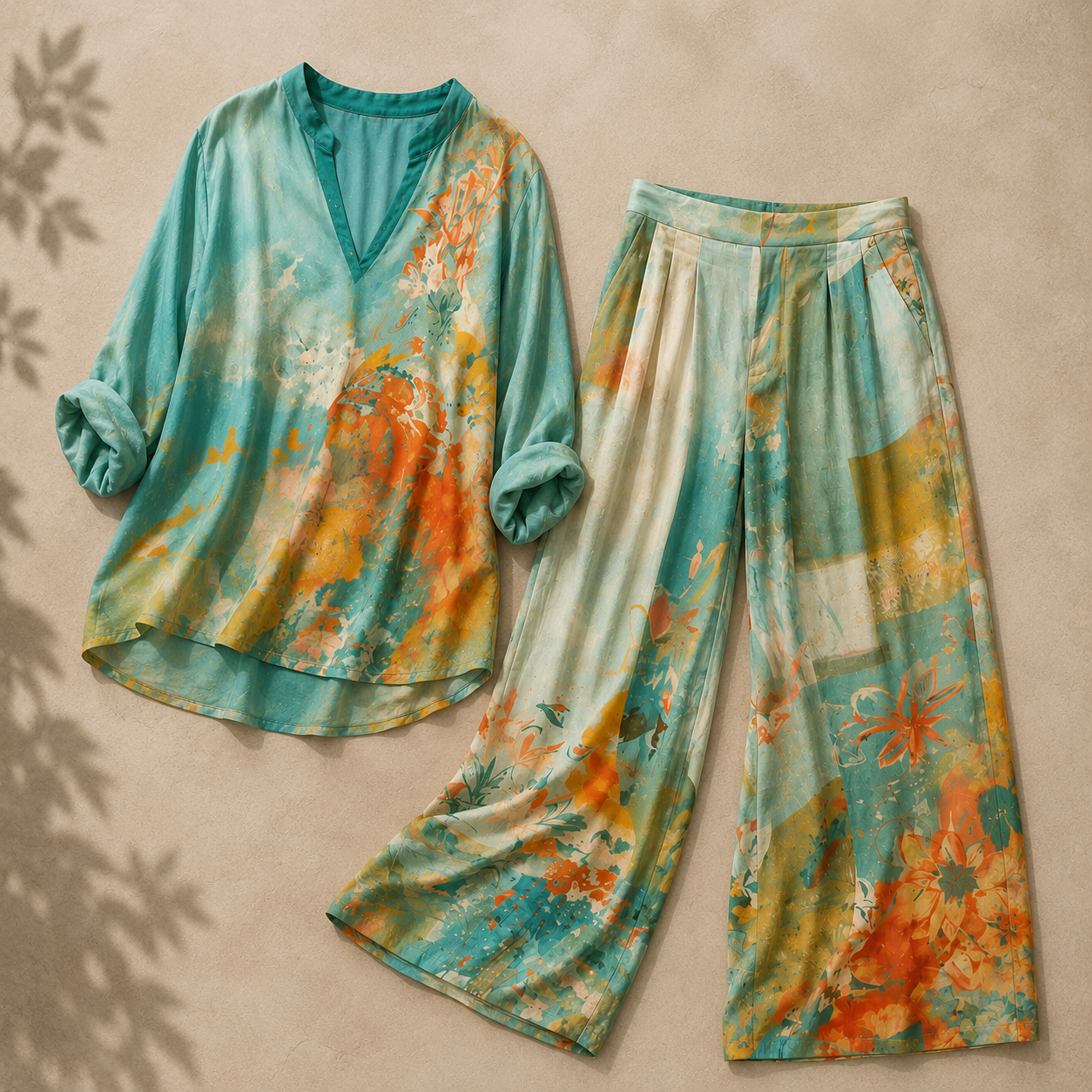 Women's Floral Pant Set - Elegant Flowing Two-Piece Outfit