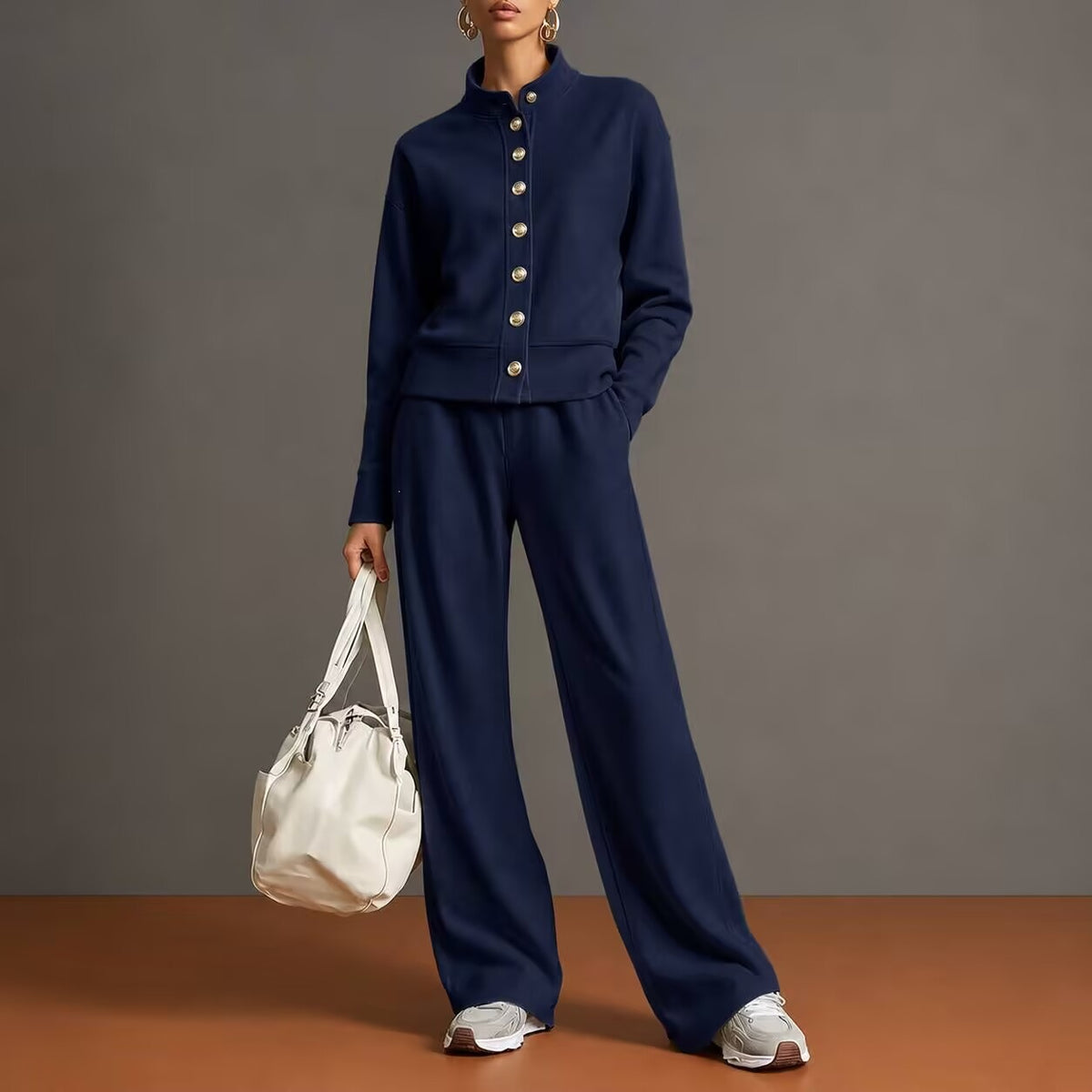 Stand-Collar Cardigan and Wide-Leg Pants Set - Polished and Comfortable