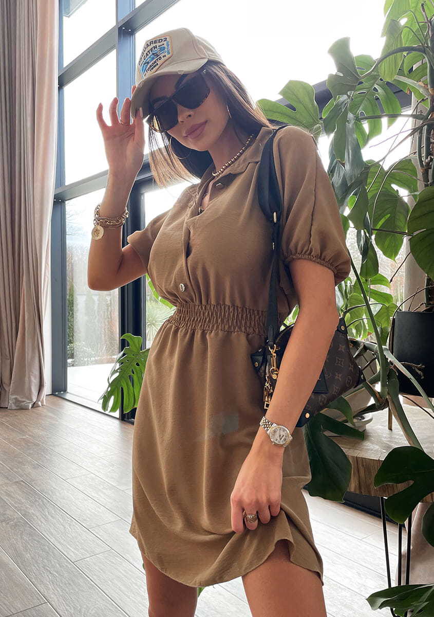 Women's Tailored Collar Midi Dress - Button Front Waist-Defined Style