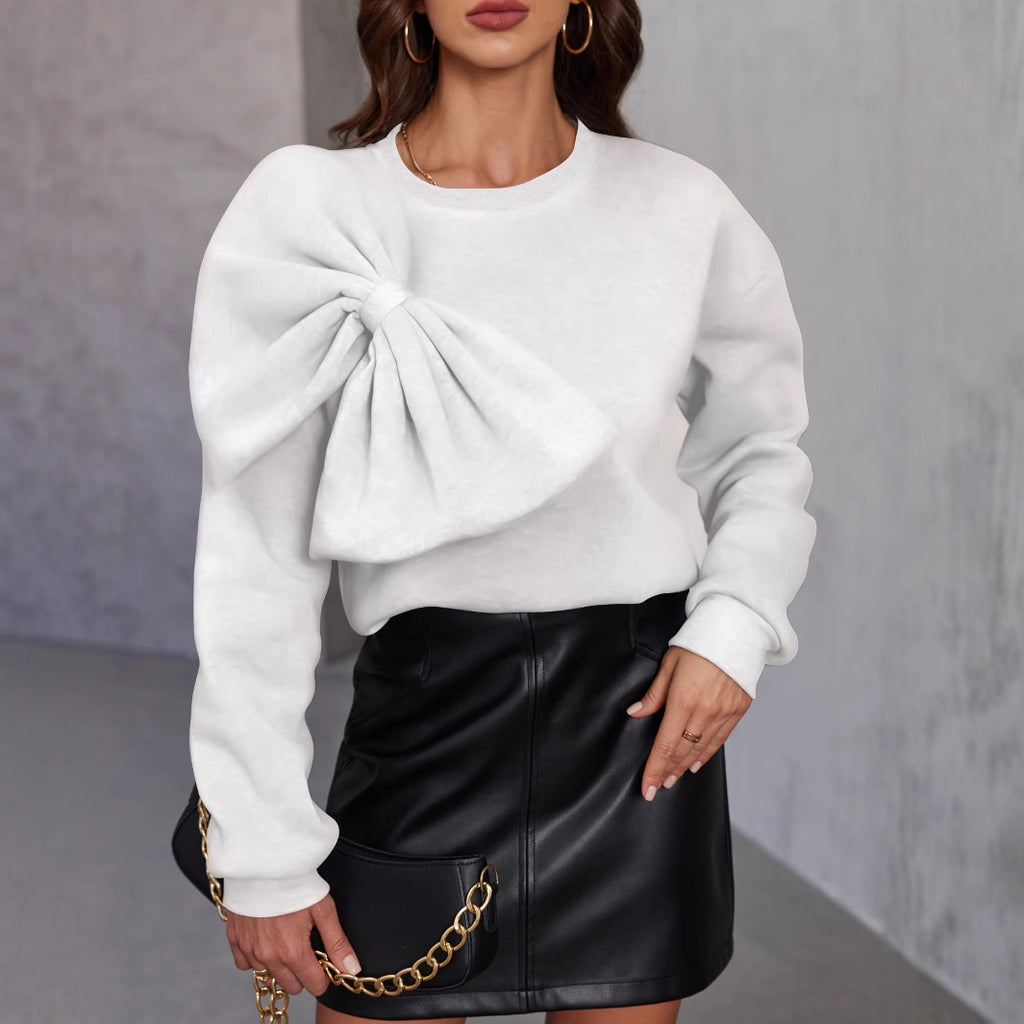 Women’s Bow-Front Long-Sleeve Sweater – Elegant Loose-Fit Crewneck Sweater