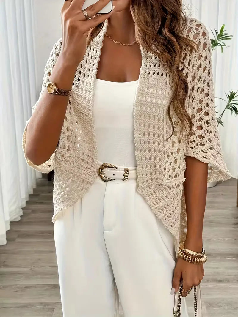 Women's Crochet Cardigan - Light Beige Open Knit Layer