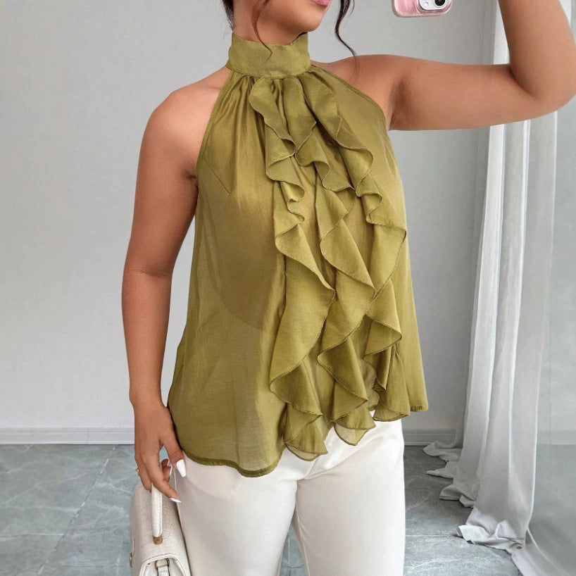 Women's Plus Size Ruffle Halter Top - Flowy Sleeveless Statement Blouse