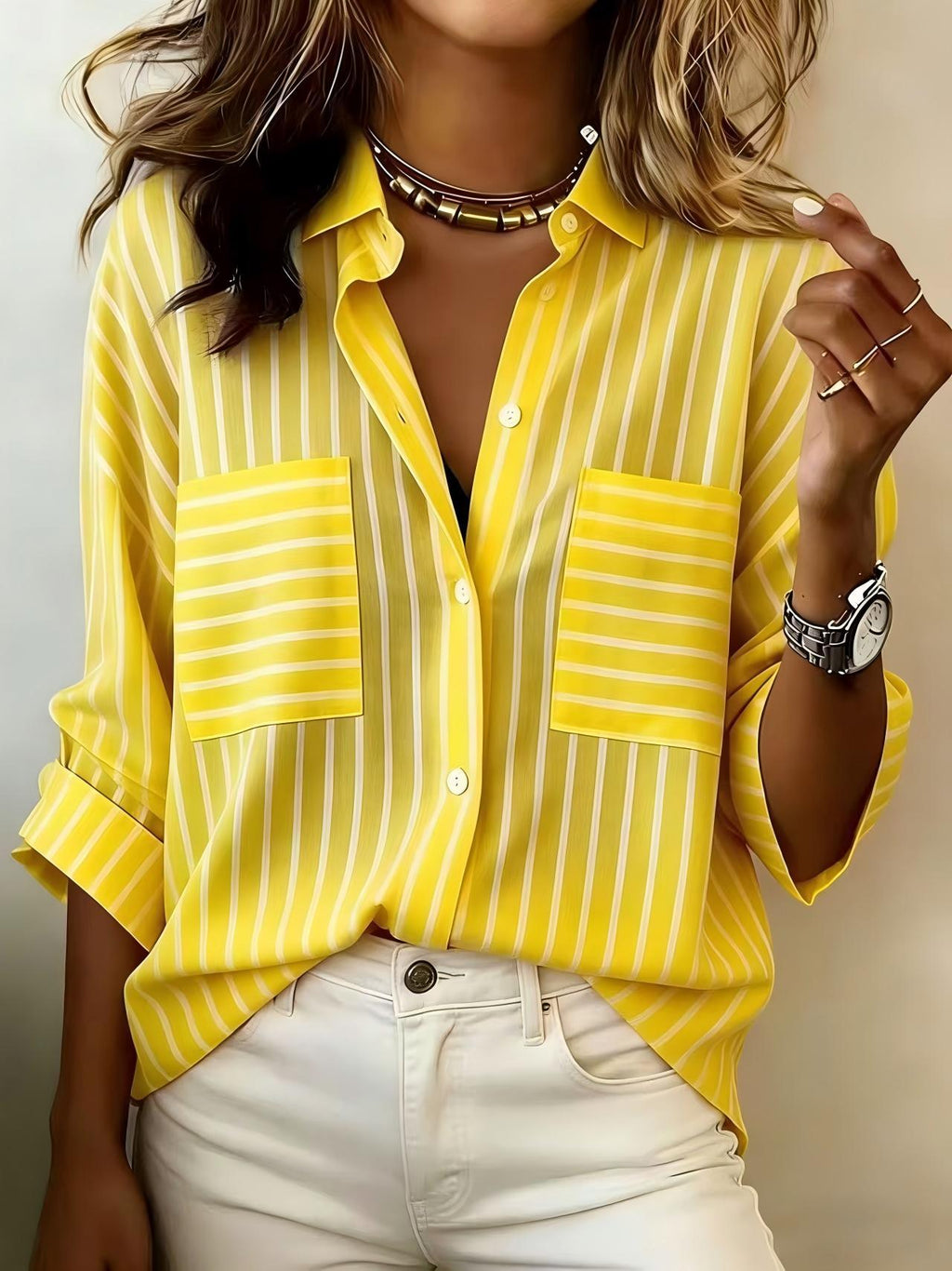 Women’s Striped Long Sleeve Shirt – Classic Single-Breasted Casual Style