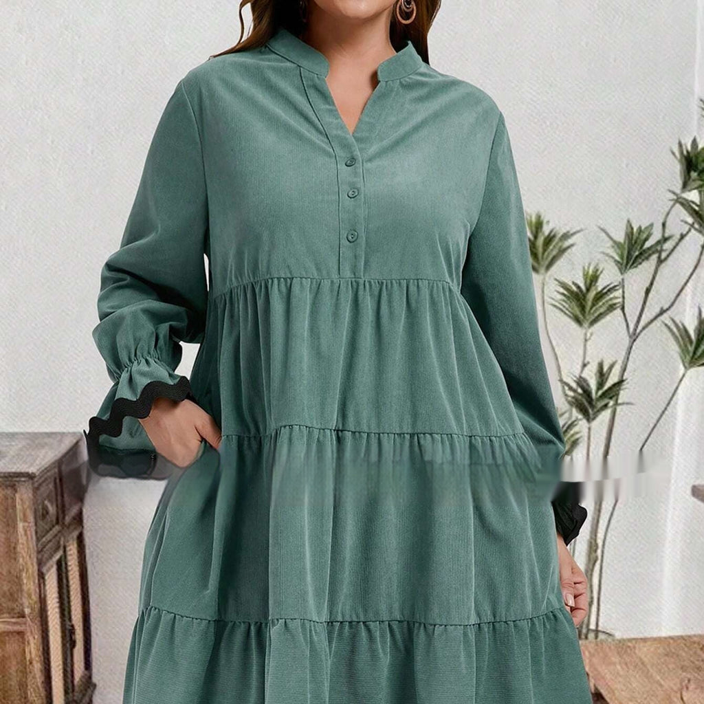 Women's Spliced V-Neck Midi Dress - Relaxed Long Sleeve Everyday Style