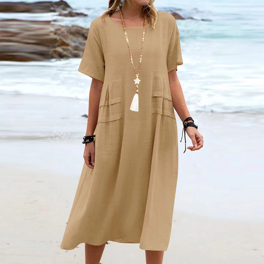Women's Breathable Cotton-Linen Midi Dress – Relaxed Short-Sleeve Beach Style