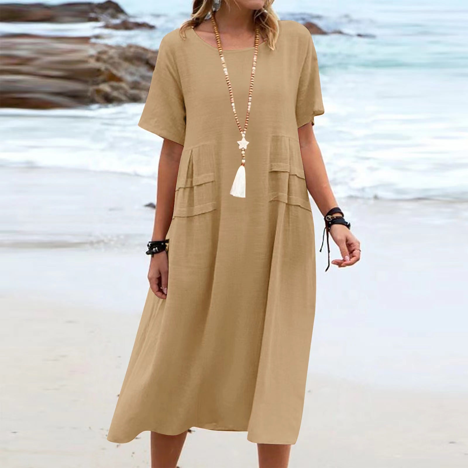 Women's Breathable Cotton-Linen Midi Dress – Relaxed Short-Sleeve Beach Style