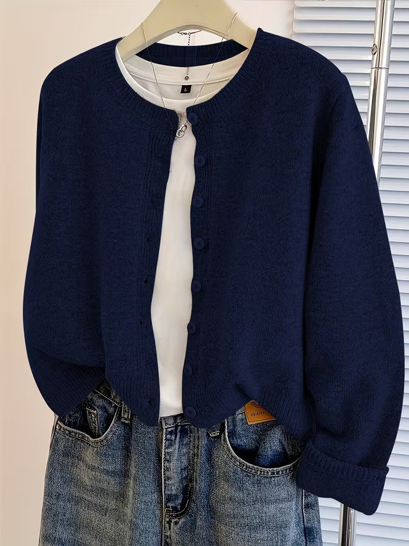 Short Round-Neck Knit Cardigan - Soft and Easy