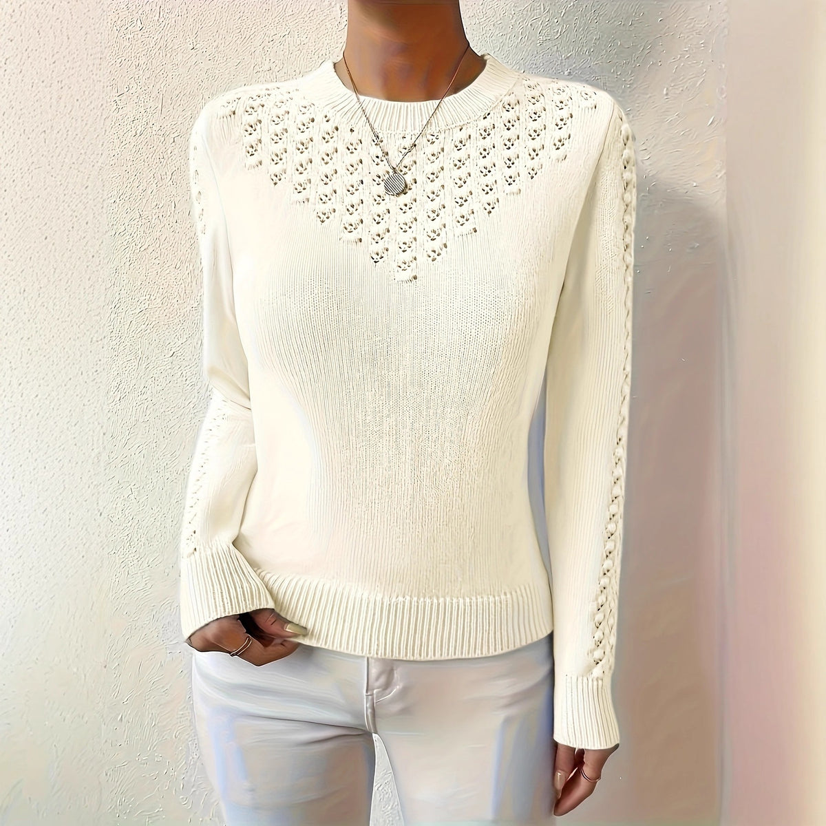Hollow-Out Crewneck Knit Sweater - Light and Feminine
