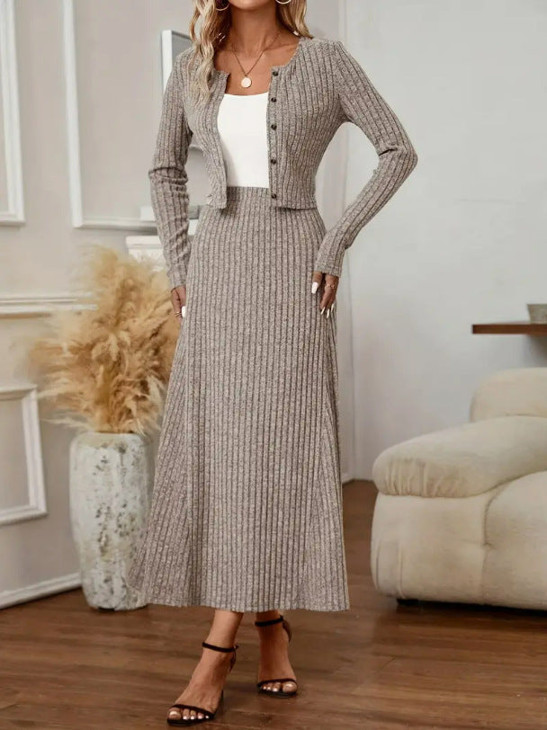 Women's Knit Cardigan and Midi Skirt Set - Relaxed Matching Look