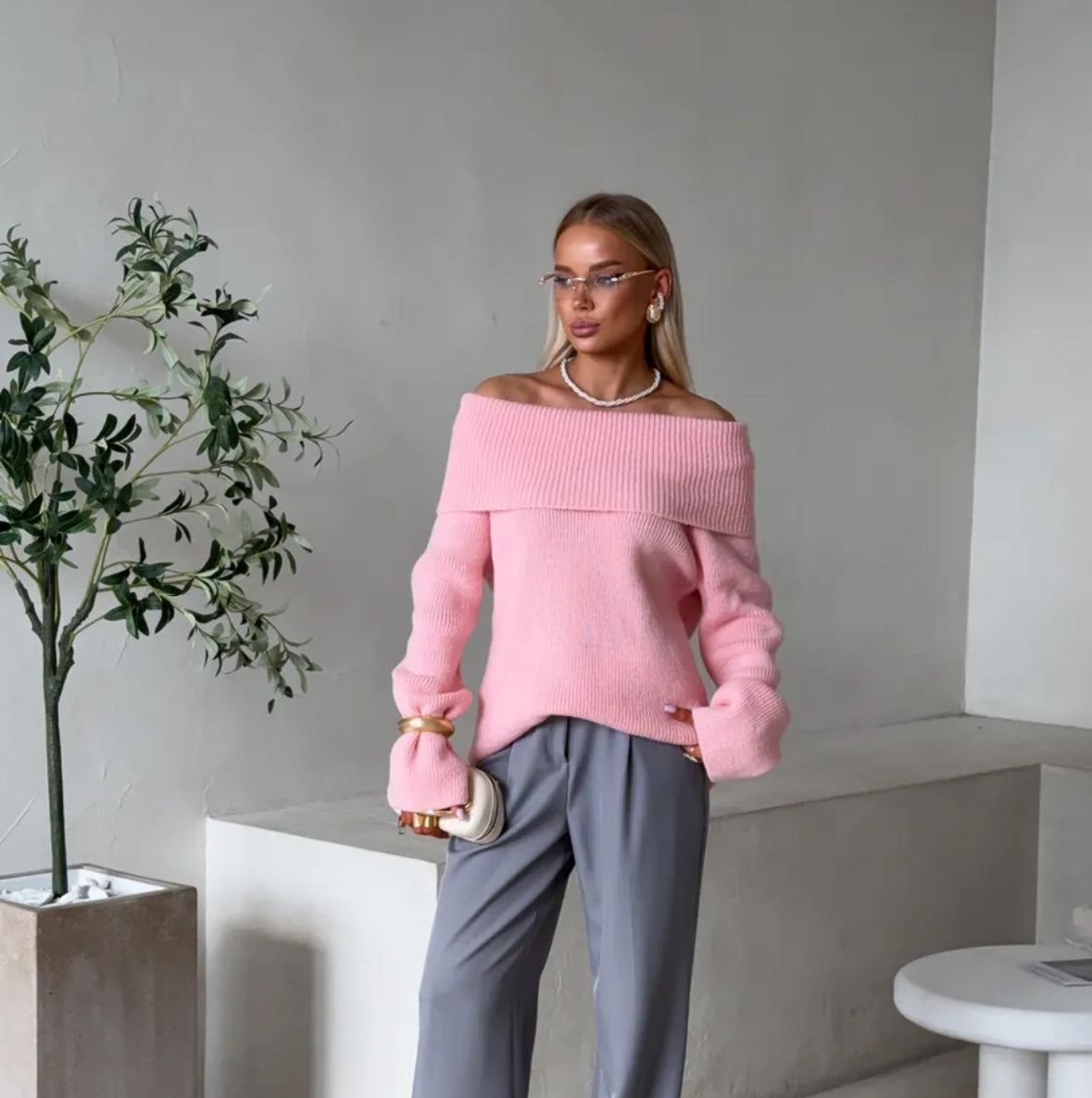 Off-Shoulder Lapel Sweater - Chic and Comfortable