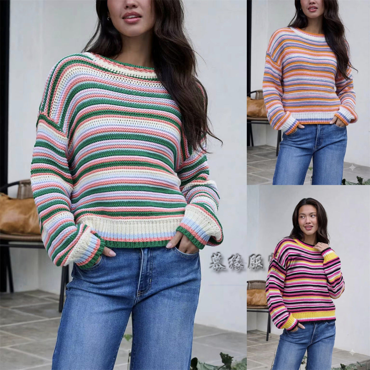 Women’s Striped Crew Neck Knit Sweater – Loose-Fit Cozy Casual Style