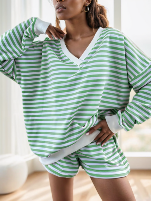 Women’s Premium Striped Two-Piece Set – Long-Sleeve Top and Lounge Pants