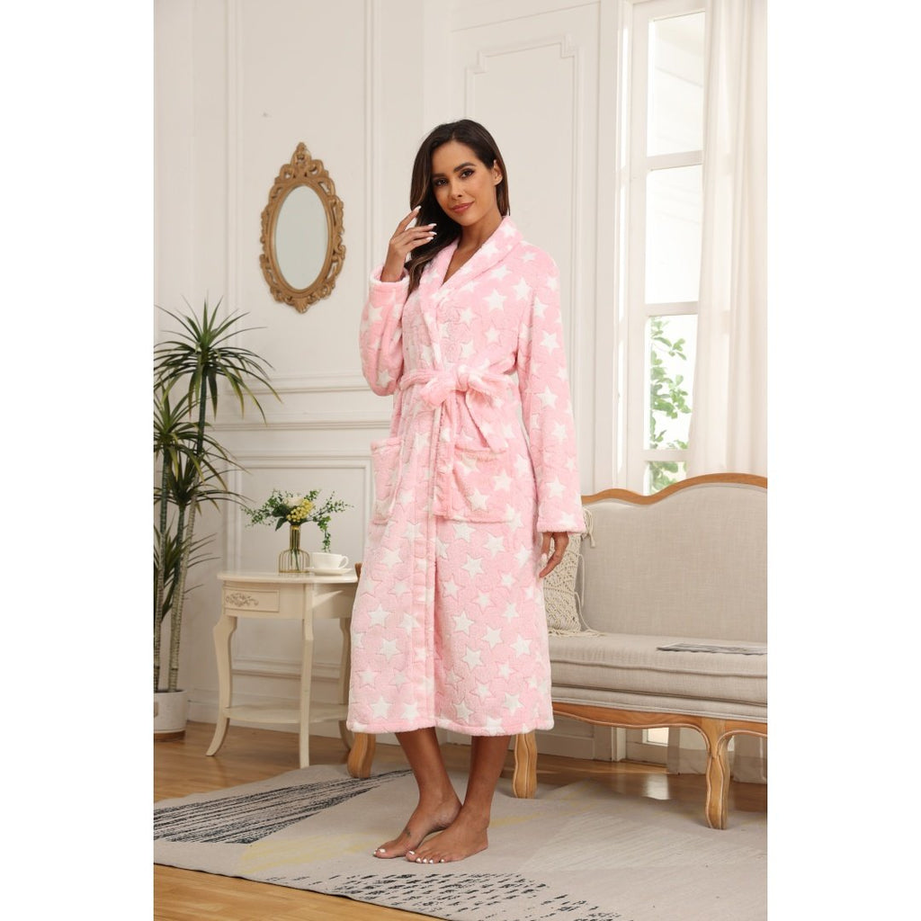Women’s Pink Star-Print Fleece Bathrobe – Thickened Long Sleeve Spa and Home Robe