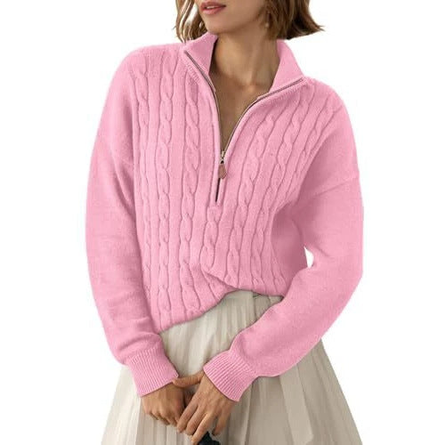 Retro Half-Zip Sweater Top - Loose and Casual