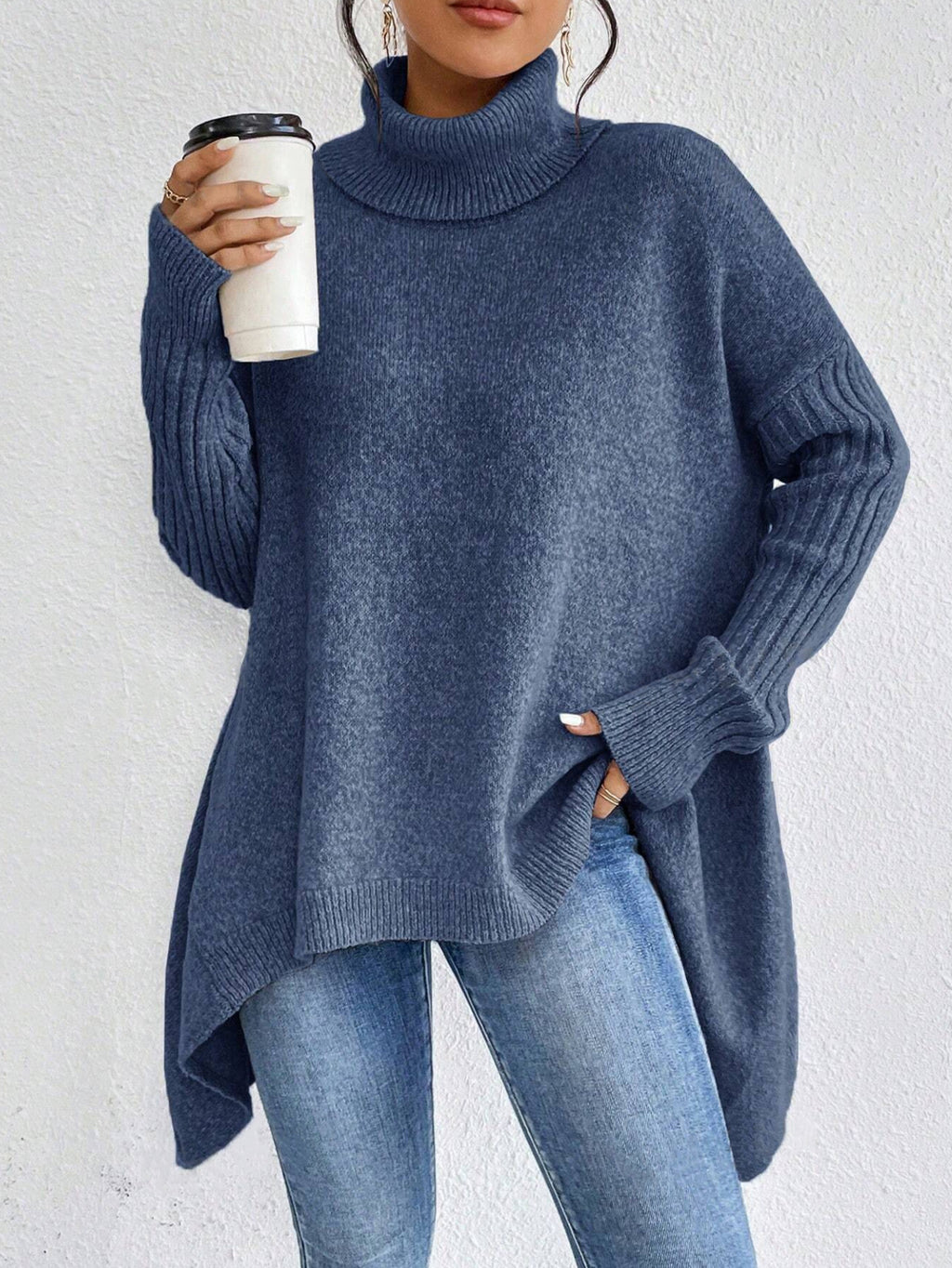 Women’s Irregular Turtleneck Sweater – Loose Knit Long-Sleeve Pullover