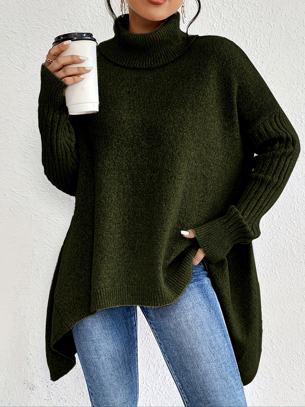 Women’s Irregular Turtleneck Sweater – Loose Knit Long-Sleeve Pullover