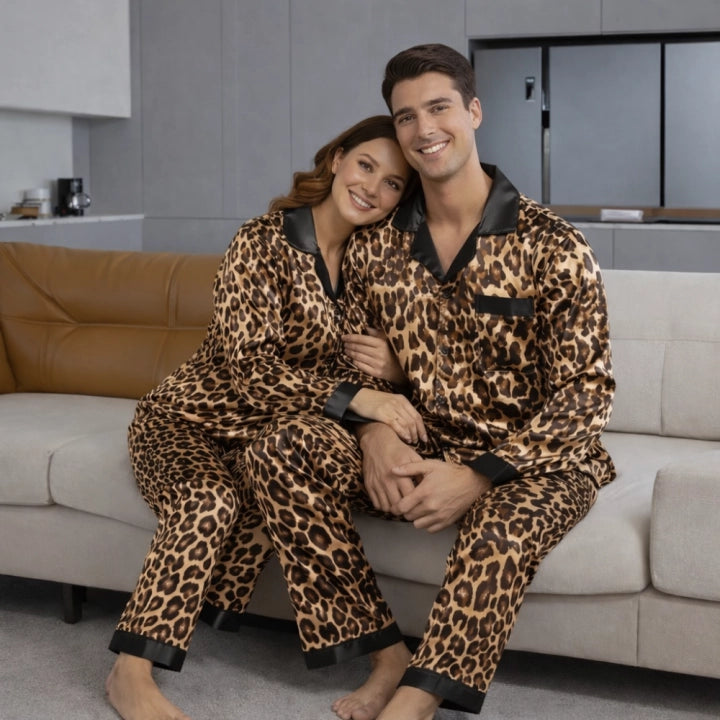 Couples Long-Sleeve Leopard Print Pajama Set – Matching Sleepwear Outfit