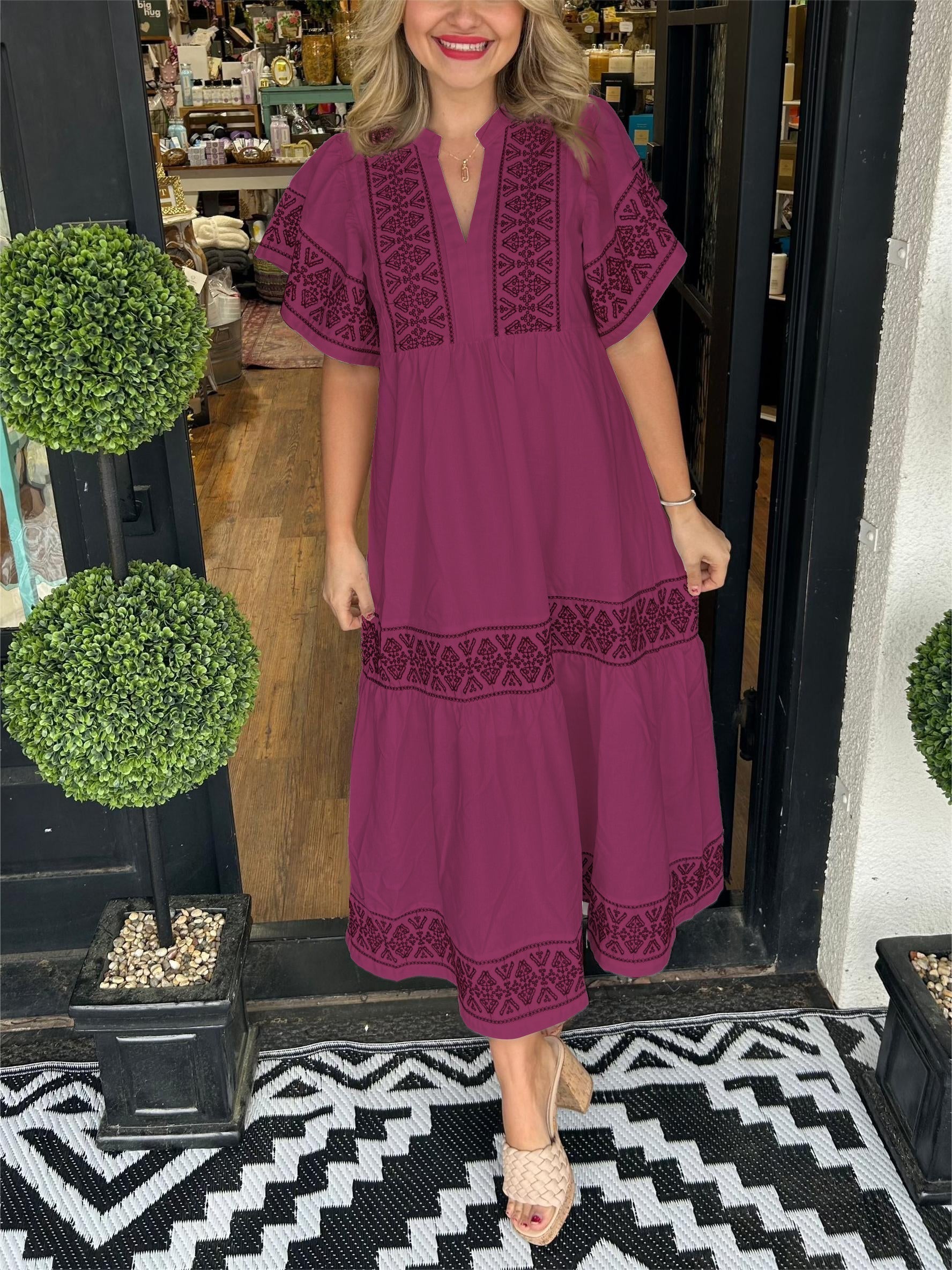 Women's Embroidered V Neck Boho Maxi Dress – Flowy Vacation Dress