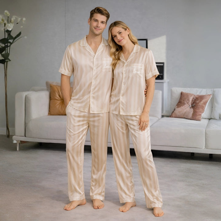 Couples Embroidered Stripe Button-Up Pajama Set – Matching Sleepwear Outfit