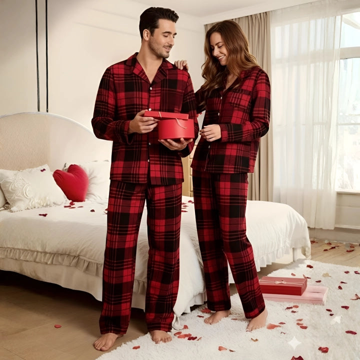 Couples Plaid Lapel Pajama Set – Casual Matching Sleepwear Outfit
