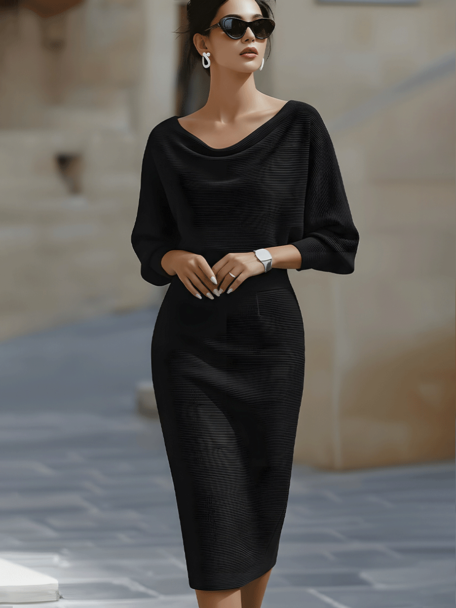 Women's Draped Batwing Sleeve Midi Dress – Elegant Occasion Dress