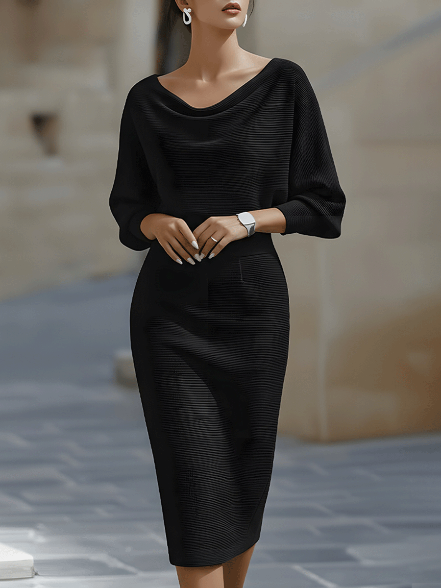 Women's Draped Batwing Sleeve Midi Dress – Elegant Occasion Dress