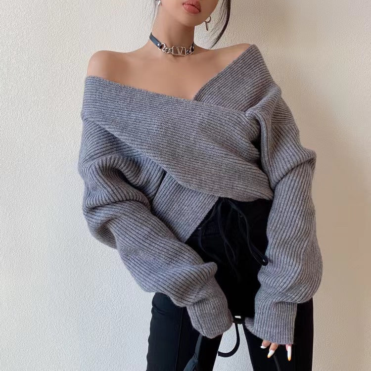 Cross V-Neck Off-Shoulder Knit Pullover - Soft and Feminine