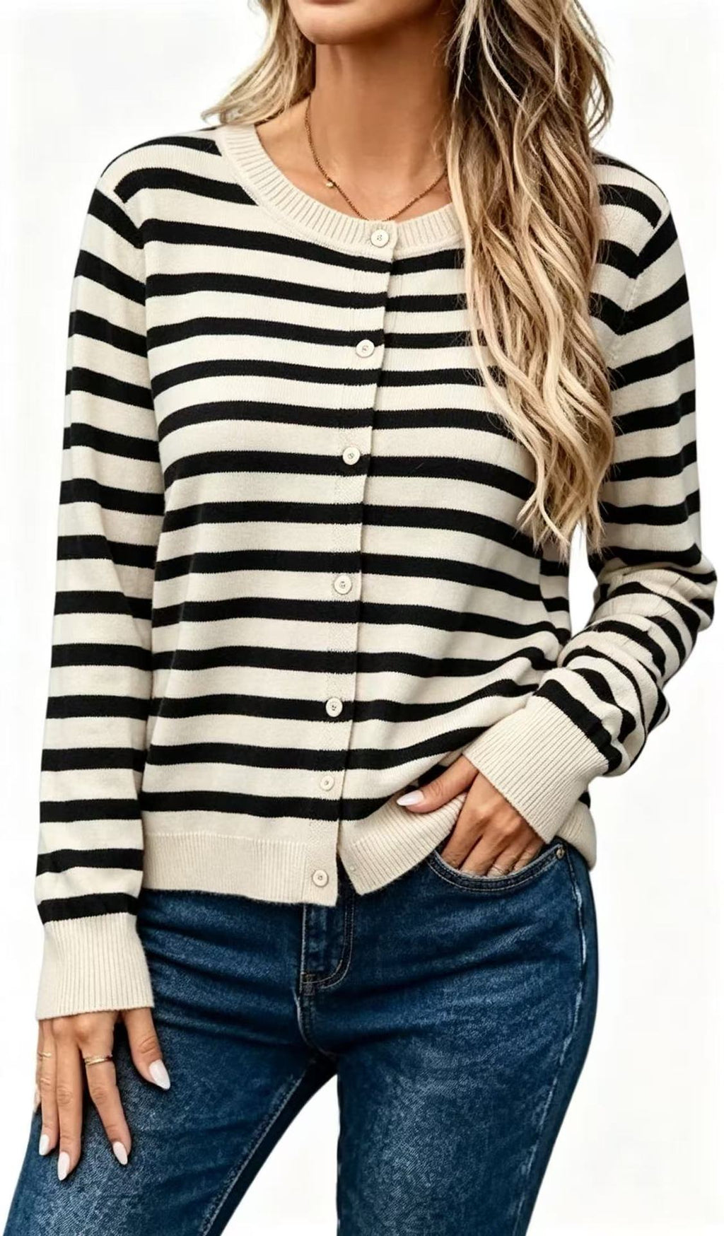 Women’s Long Sleeve Striped Knit Cardigan – Loose-Fit Cozy Casual Style