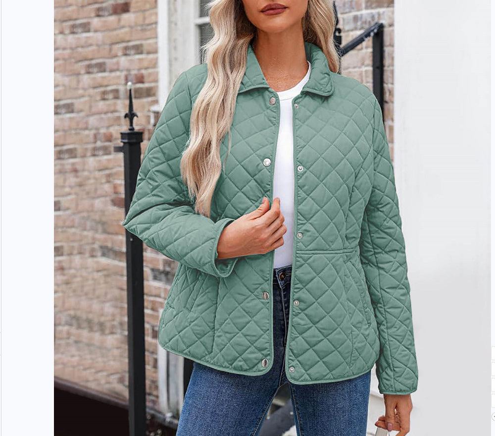 Women’s Solid Color Quilted Jacket – Casual Lapel Warm Outerwear Style