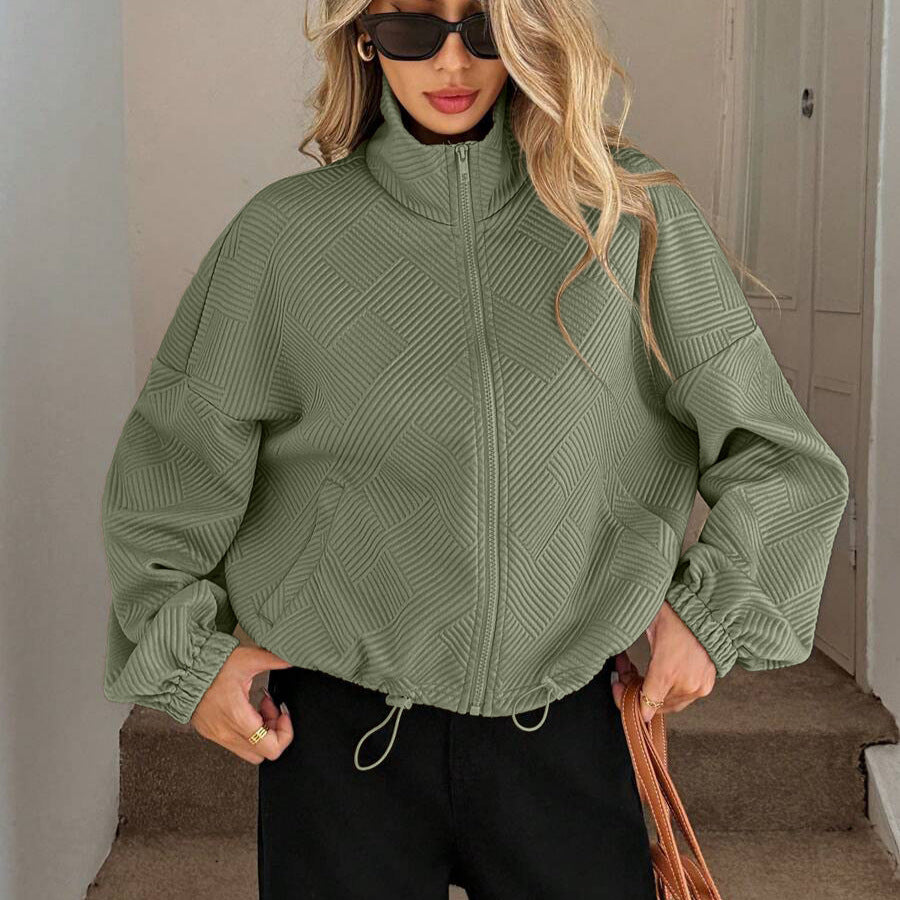 Women’s High-Collar Zipper Jacket – Loose-Fit Drawstring Hem Casual Autumn Winter Style