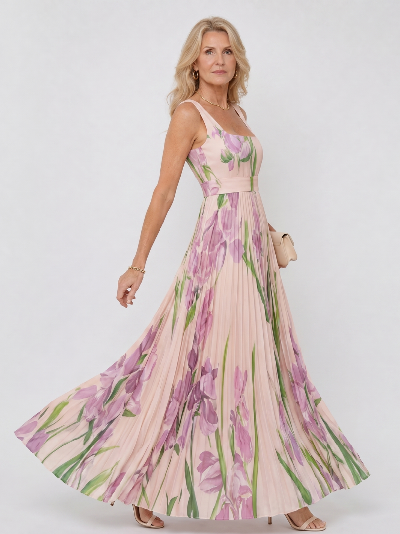 Women's Pleated Sleeveless Square Neck Midi Dress – Elegant Summer Daywear