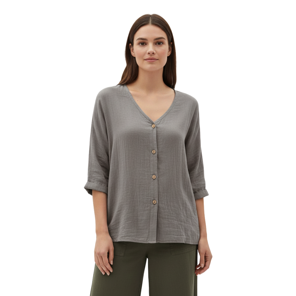 Women's V Neck Button Blouse – Linen Cotton 3/4 Sleeve Top