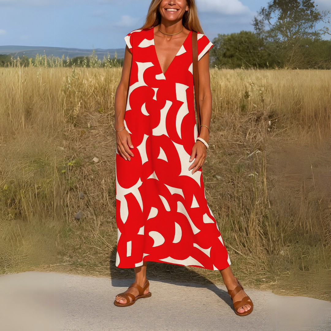 Women's Black & White Geometric Print V-Neck Cap-Sleeve Midi Dress