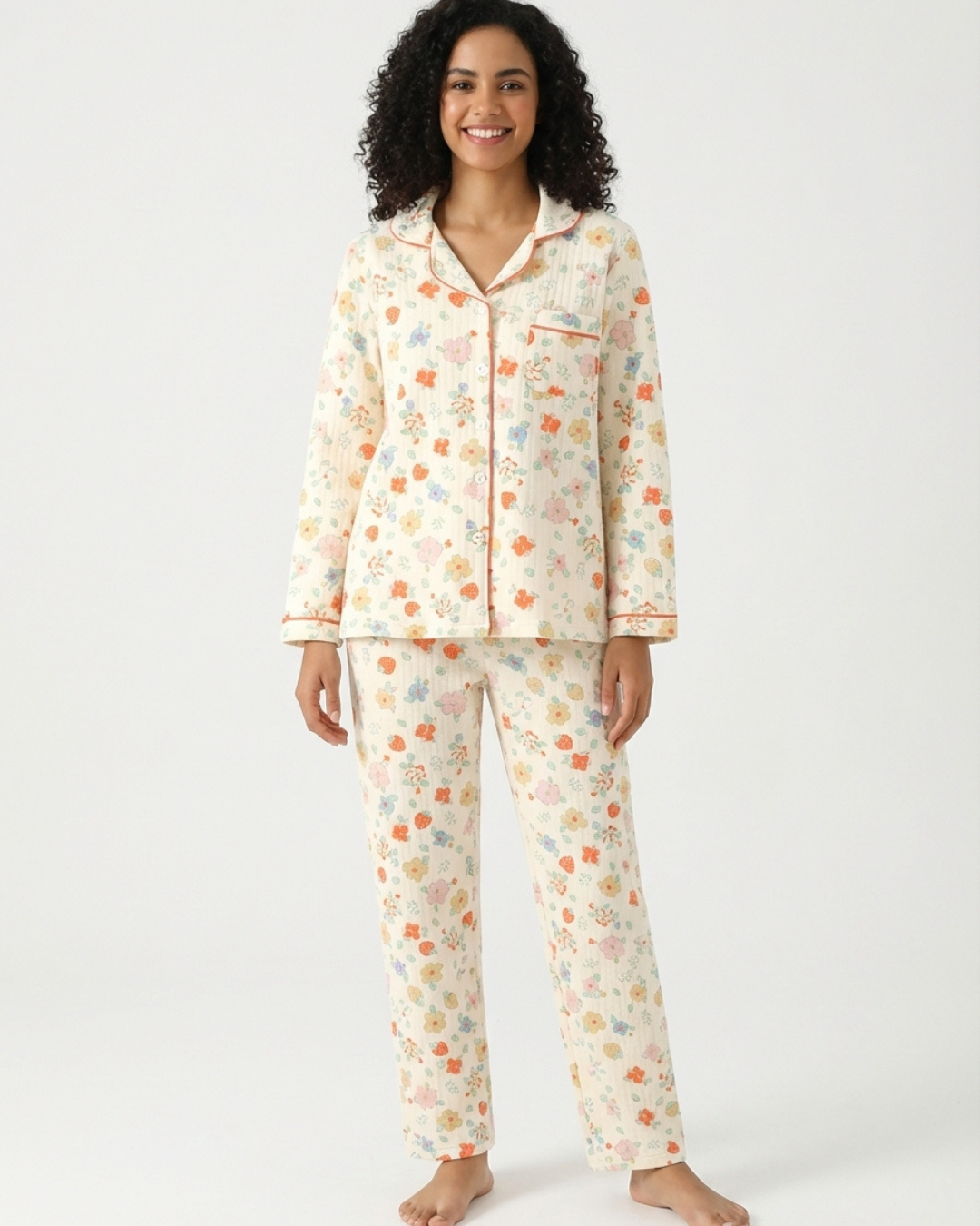 Gewatteerde drielaagse pyjama voor dames – Warme, losse huispak met revers