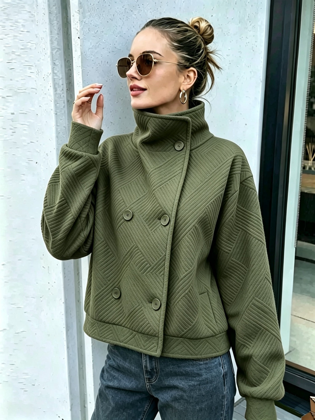 Buttoned Turtleneck Lapel Coat - Warm and Polished