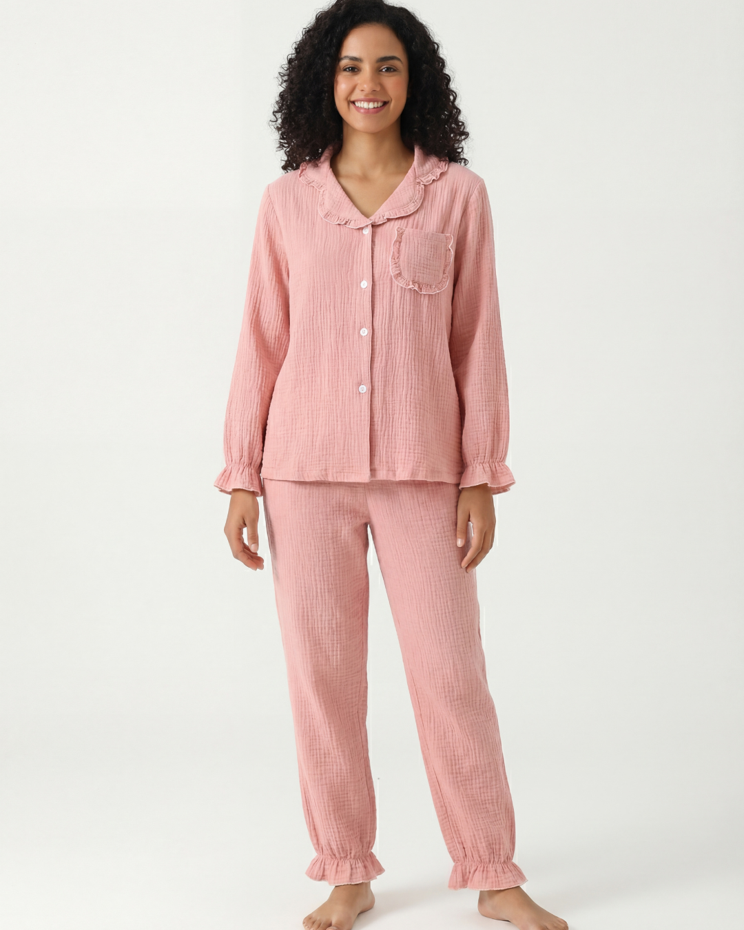Damespyjamaset van gewassen katoen – Casual crêpe comfortabele huispakset
