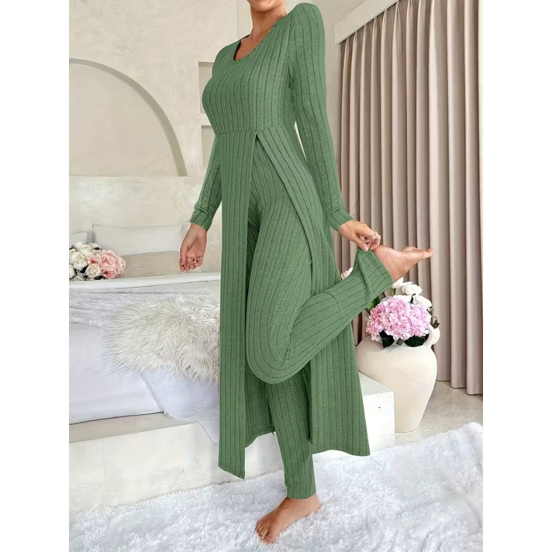 Women’s Ribbed Two-Piece Set – Split-Hem Longline Top and Wide-Leg Matching Pants