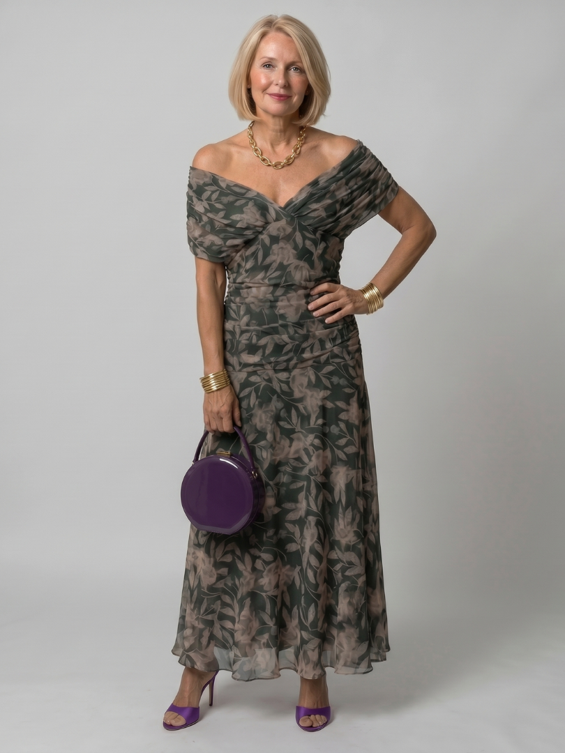 Women's Off Shoulder Flow Midi Dress - Soft Occasion Look