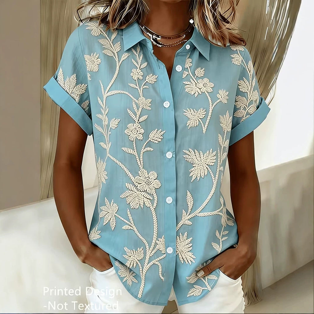 Women's Floral Short Sleeve Blouse - Leaf Print Relaxed Summer Top