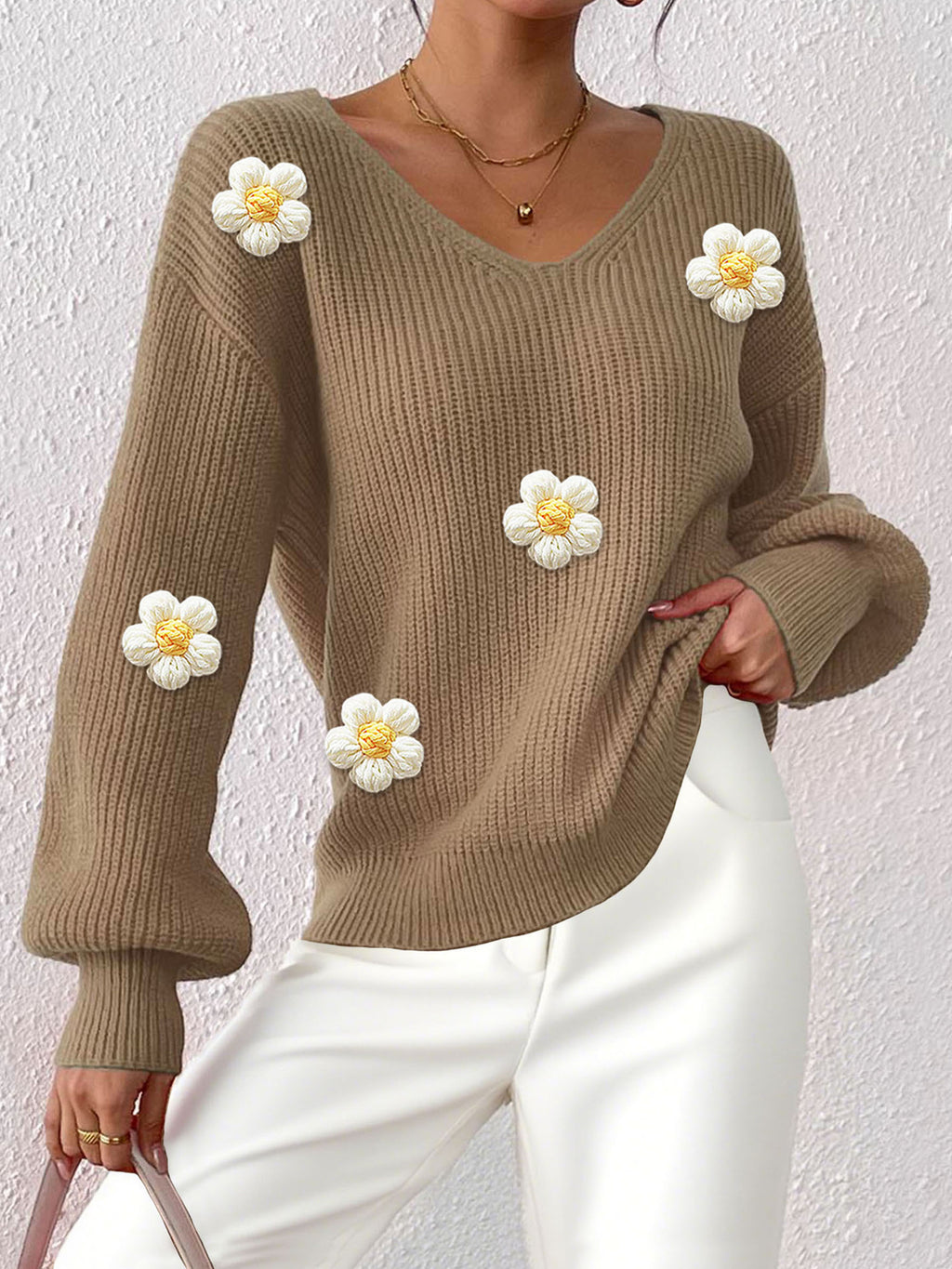 Floral 3D Patchwork V-Neck Sweater - Hand-Knitted and Cozy