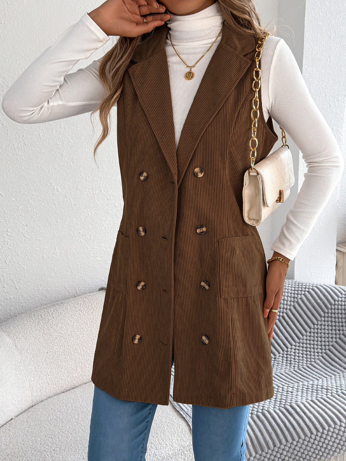 Women’s Solid Color Corduroy Long Vest Jacket – Double-Breasted Pocket Casual Layering Style