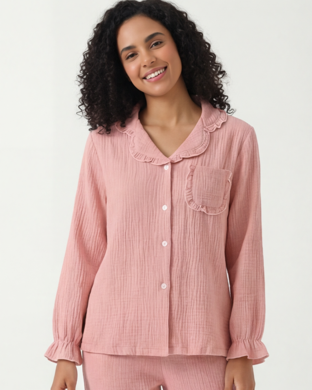 Damespyjamaset van gewassen katoen – Casual crêpe comfortabele huispakset