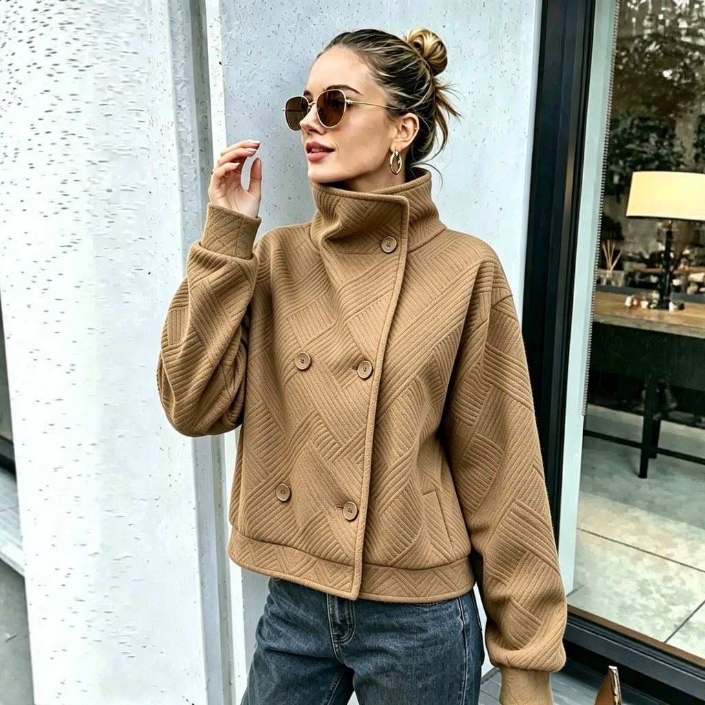 Buttoned Turtleneck Lapel Coat - Warm and Polished