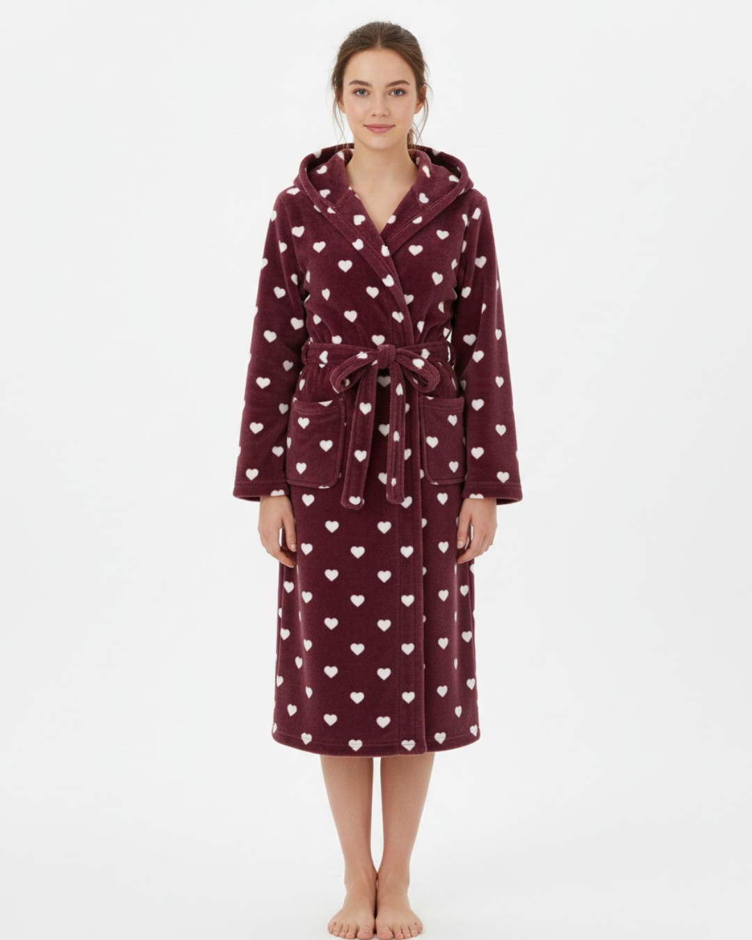 Women’s Plush Heart Print Bathrobe – Long Fleece Robe with Belt and Pockets