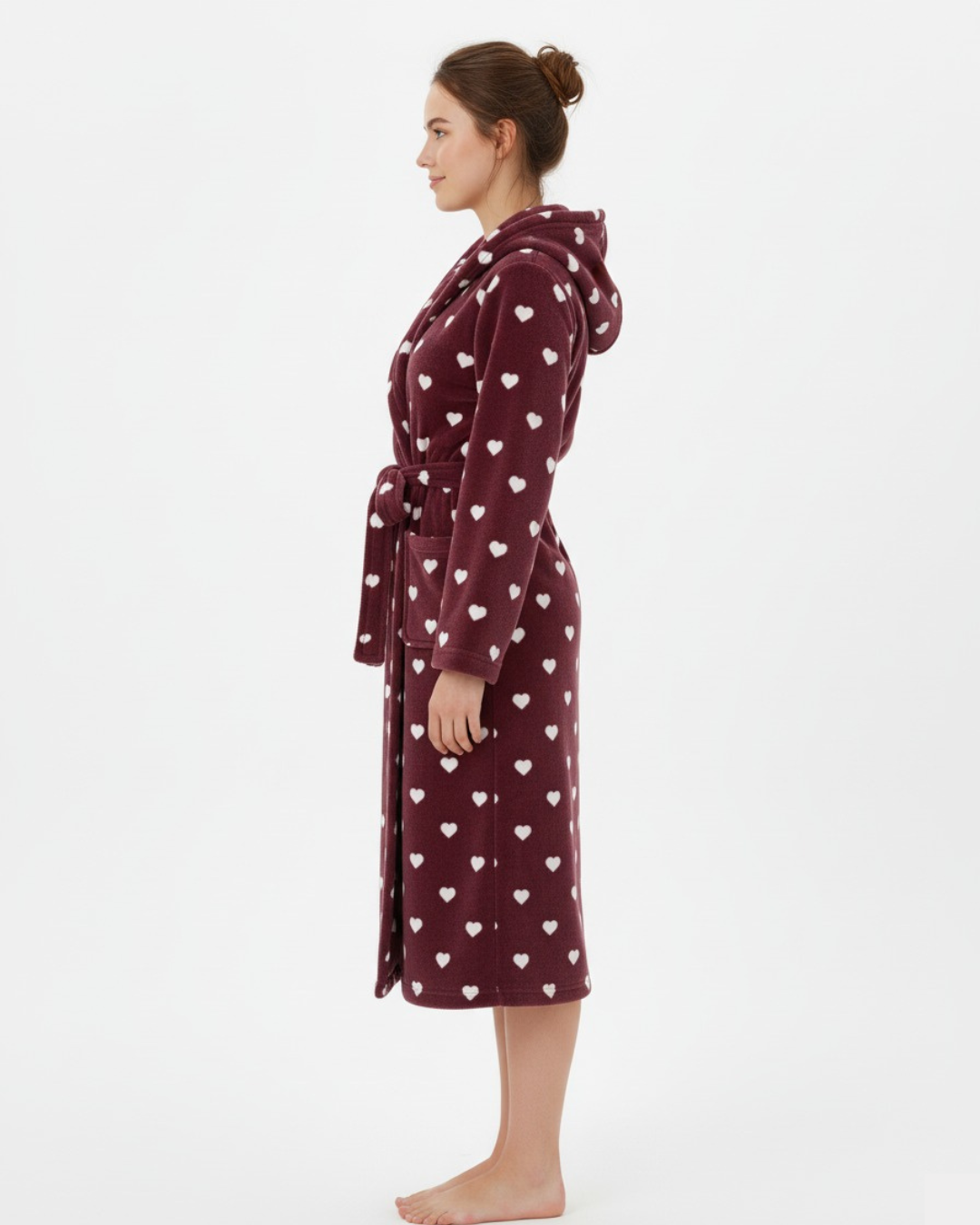 Women’s Plush Heart Print Bathrobe – Long Fleece Robe with Belt and Pockets