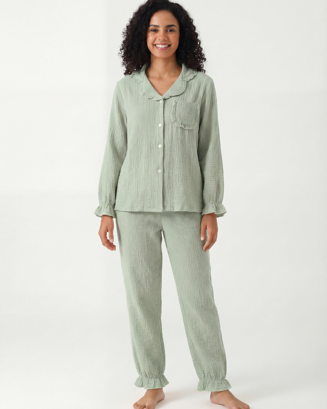 Damespyjamaset van gewassen katoen – Casual crêpe comfortabele huispakset