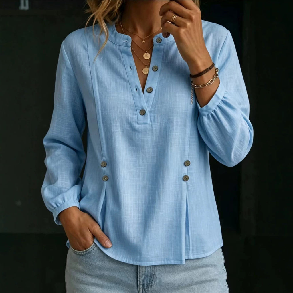Women’s Cotton-Linen Mandarin Collar Shirt – Long Sleeve Casual Summer Style