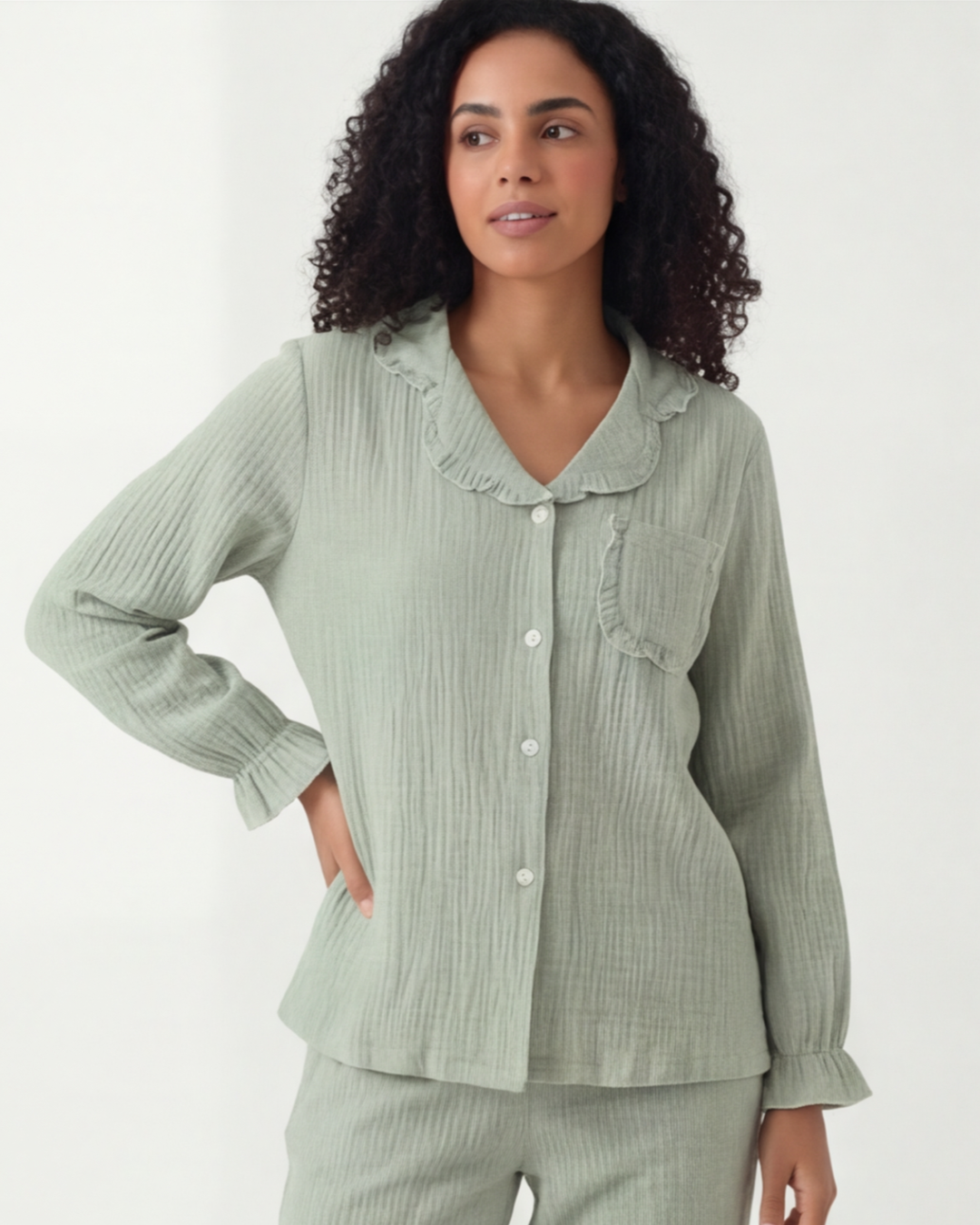 Damespyjamaset van gewassen katoen – Casual crêpe comfortabele huispakset